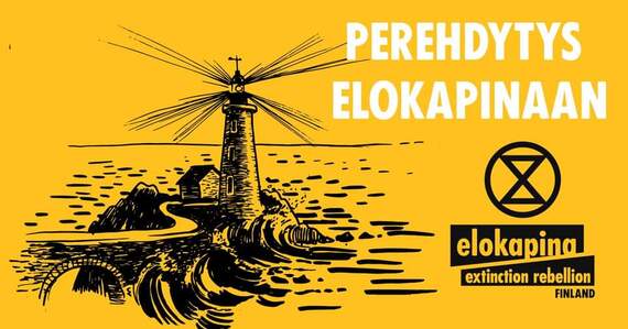Oranssi tausta. Oikealla: valkoinen teksti "Perehdytys Elokapinaan", sen alla musta Elokapinan logo. Vasemmalla: musta piirros majakasta